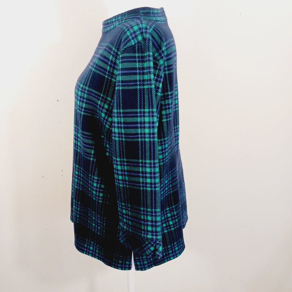 Talbots SZ XLp Green & Navy Blue Black Watch Plaid Top, Boat Neck, 3/4 Sleeves, - Picture 6 of 16